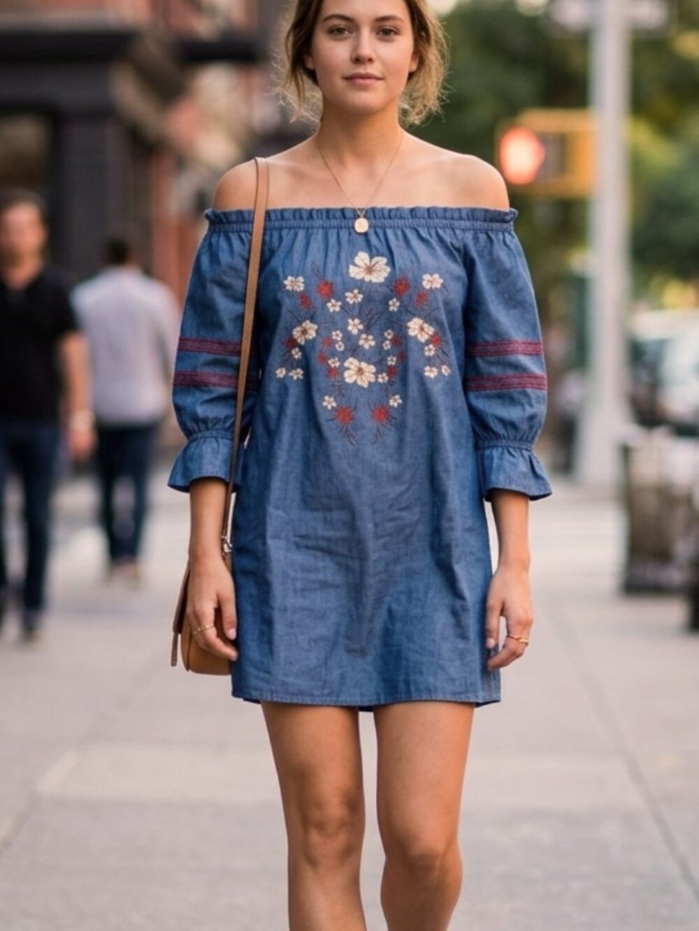 Blu Pepper Blue Off-Shoulder Denim Mini Dress with Floral Embroidery